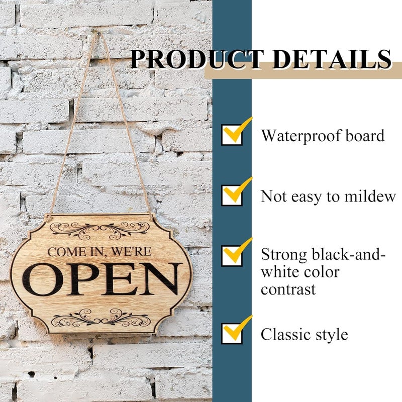 BPA® Wooden Store Open and Closed Business Sign Two Sided Reversible Come in We're Open or Closed Store Hanging Sign for Coffee Bar Shop Door Window, 11.8 x 7.8 Inch (Wood Color Board, Black Words) - Image 5