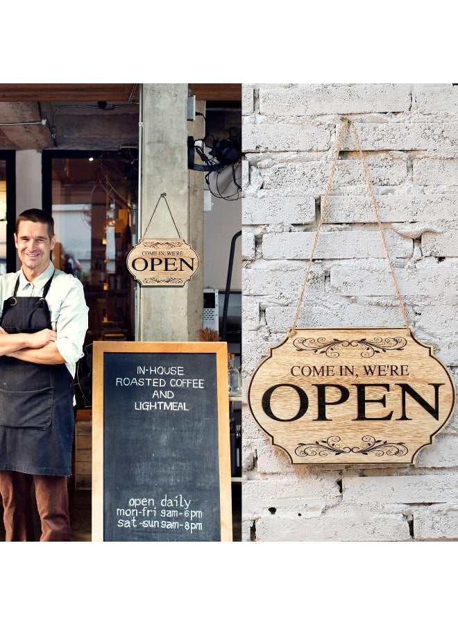 BPA® Wooden Store Open and Closed Business Sign Two Sided Reversible Come in We're Open or Closed Store Hanging Sign for Coffee Bar Shop Door Window, 11.8 x 7.8 Inch (Wood Color Board, Black Words) - Image 2