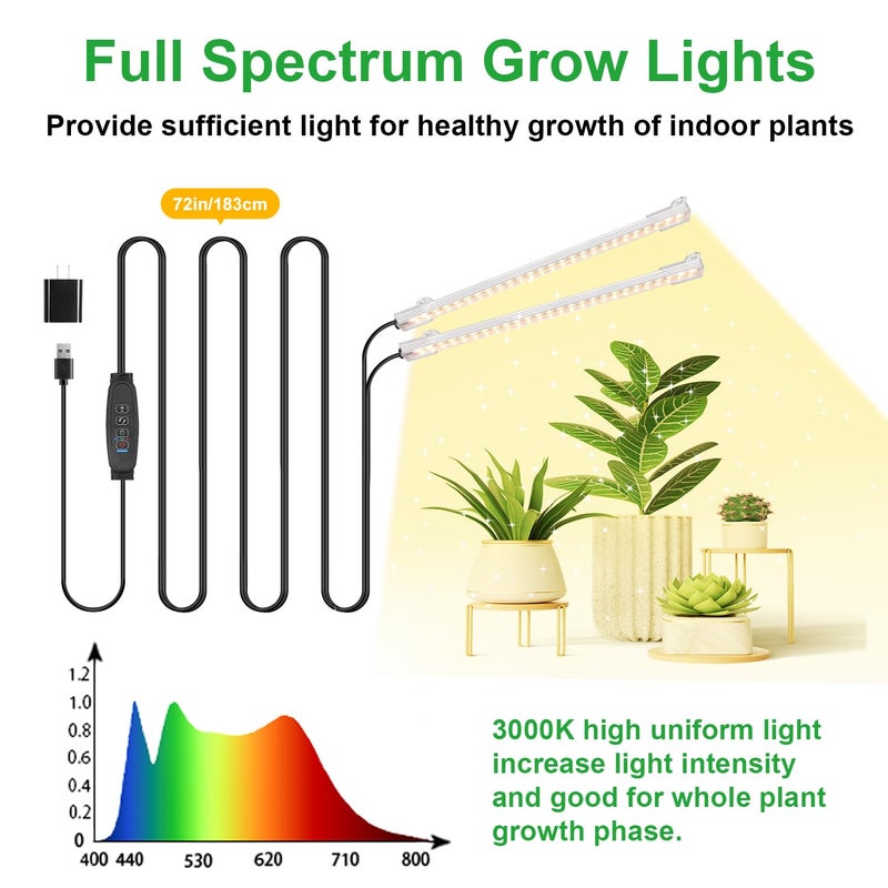 RWNTAO 8.6'' Mini LED Grow Light Strips, Full Spectrum 3000K, 52 LED Plant Light with 3/9/12H Timer, 10 Dimmable Levels for Seedling, Succulent and Plant Shelf, 2 Head - Image 2