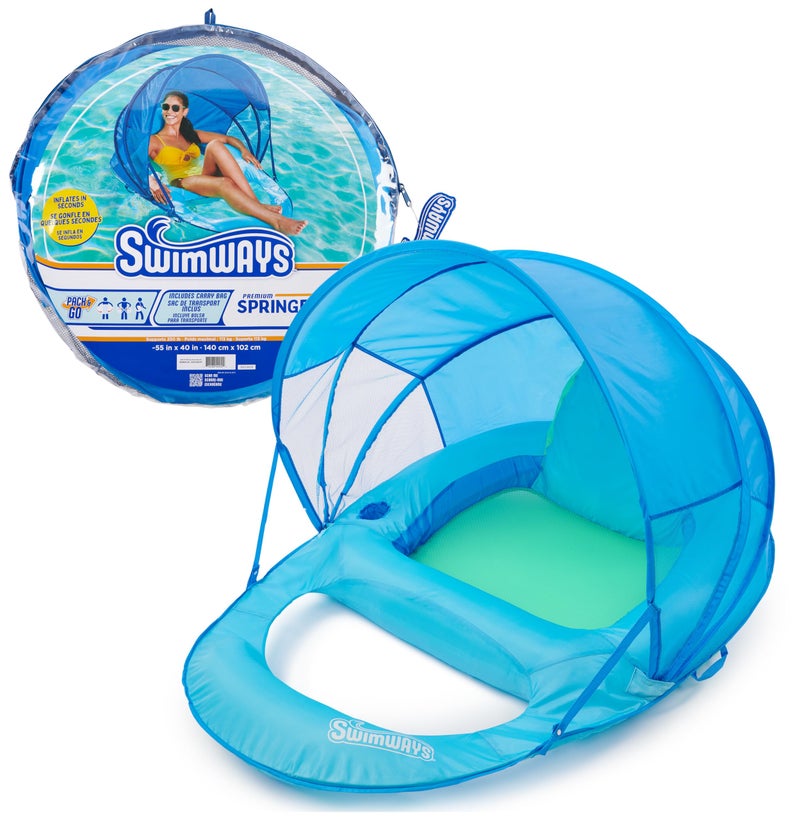 SwimWays سوان وايز سبرينغ فلوات بريميوم ركلينر مع مظلة، لوكر للسباحة، عوامات سباحة قابلة للنفخ للبالغين مع تضخيم سريع للأعمار 15 وما فوق، أزرق سماوي - Image 1