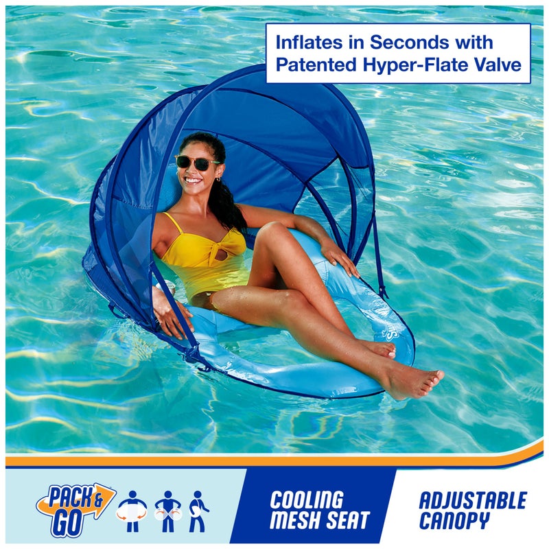 SwimWays سوان وايز سبرينغ فلوات بريميوم ركلينر مع مظلة، لوكر للسباحة، عوامات سباحة قابلة للنفخ للبالغين مع تضخيم سريع للأعمار 15 وما فوق، أزرق سماوي - Image 2