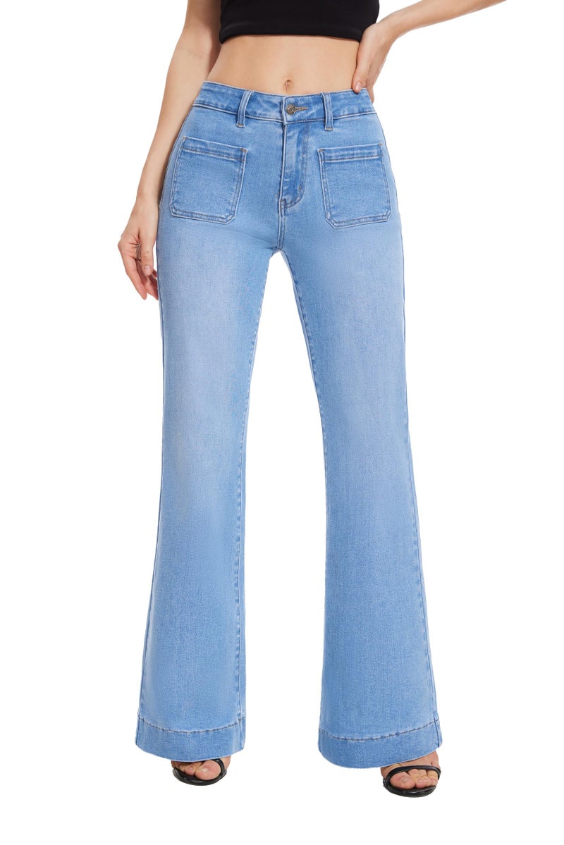 FLYING BANANA Women's Flare High Waisted Bell Bottom Wide Leg Jeans Baggy Stretch Trendy Denim with Pockets (Light Blue, 2 Regular) - Image 1