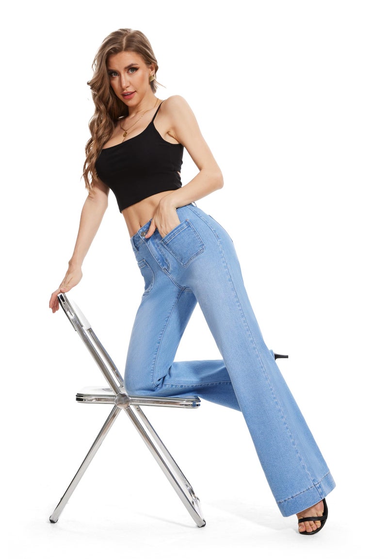 FLYING BANANA Women's Flare High Waisted Bell Bottom Wide Leg Jeans Baggy Stretch Trendy Denim with Pockets (Light Blue, 2 Regular) - Image 5
