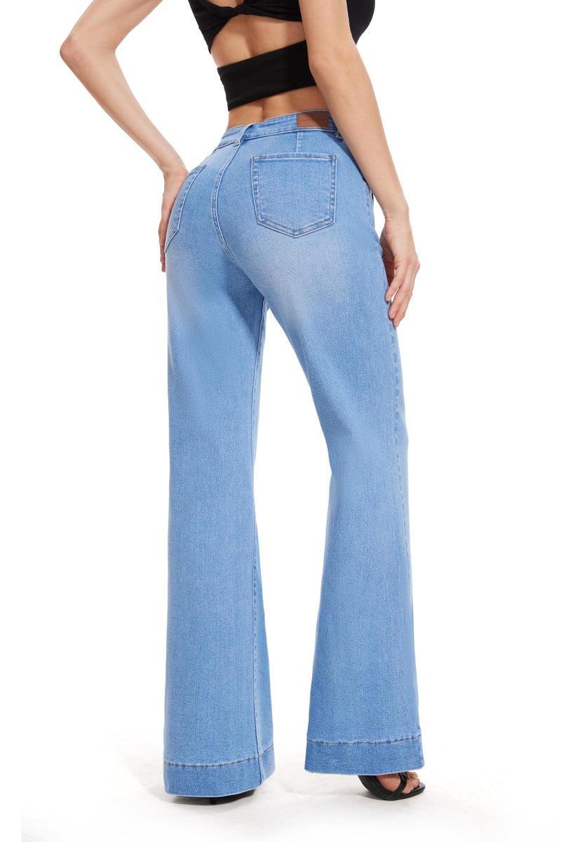 FLYING BANANA Women's Flare High Waisted Bell Bottom Wide Leg Jeans Baggy Stretch Trendy Denim with Pockets (Light Blue, 2 Regular) - Image 3