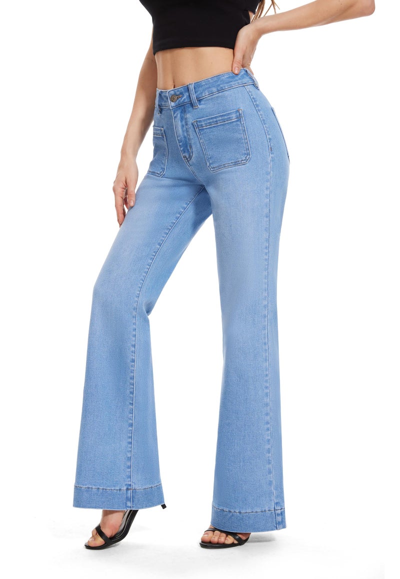 FLYING BANANA Women's Flare High Waisted Bell Bottom Wide Leg Jeans Baggy Stretch Trendy Denim with Pockets (Light Blue, 2 Regular) - Image 2