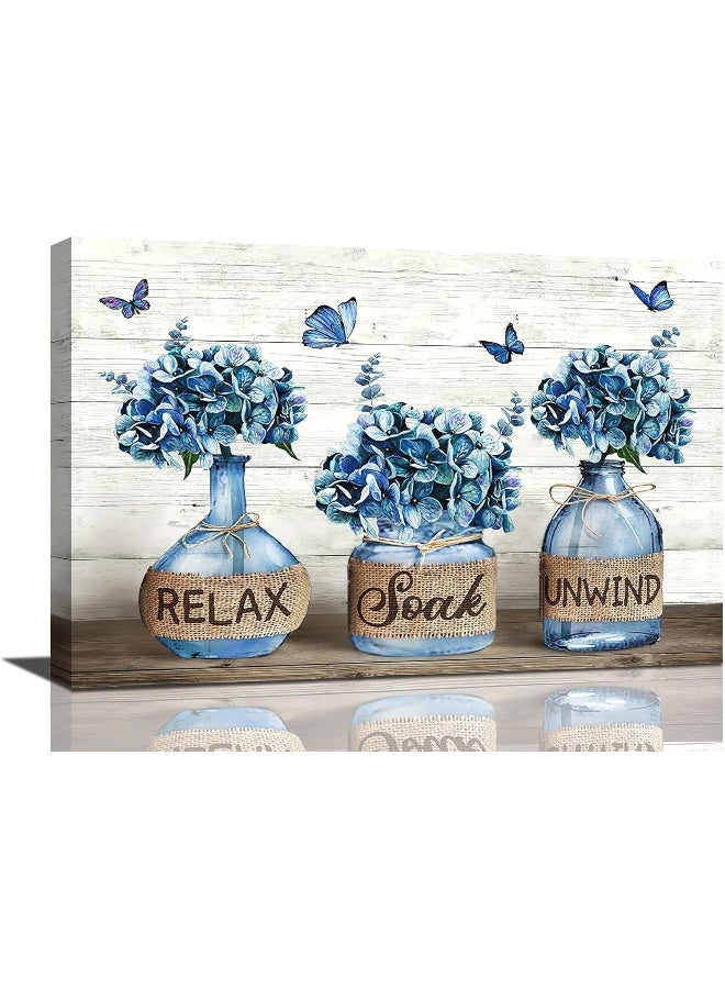 Tijuboni Farmhouse Bathroom Decor Wall Art Navy Blue Hydrangea Flower Bathroom Pictures Canvas Prints Country Relax Soak Unwind Sign Artwork Modern Home Decor for Bathroom Framed Ready to Hang 8"x12" - Image 1