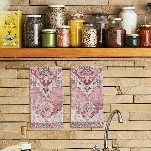 Qpenm Pink Bohemia Kitchen Towels Set of 2,Antique Oriental Decorative Hand Towels for Bathroom, Boho Dish Towels Tea Towels,16x24 Inches - Image 2