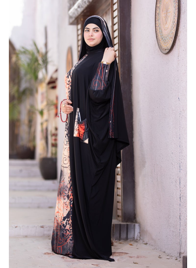 SATR HIJABI Women Printed Isdal Prayer Set – Full Coverage 2-Piece Prayer Outfit with Pocket, Soft Breathable Modest Islamic Wear Black Red Beige - Image 4