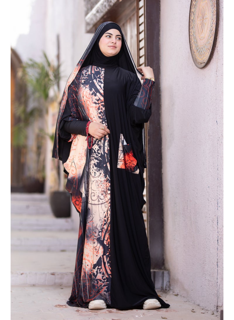 SATR HIJABI Women Printed Isdal Prayer Set – Full Coverage 2-Piece Prayer Outfit with Pocket, Soft Breathable Modest Islamic Wear Black Red Beige - Image 3