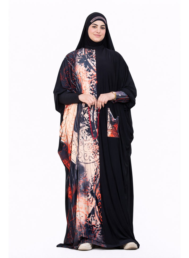 SATR HIJABI Women Printed Isdal Prayer Set – Full Coverage 2-Piece Prayer Outfit with Pocket, Soft Breathable Modest Islamic Wear Black Red Beige - Image 1