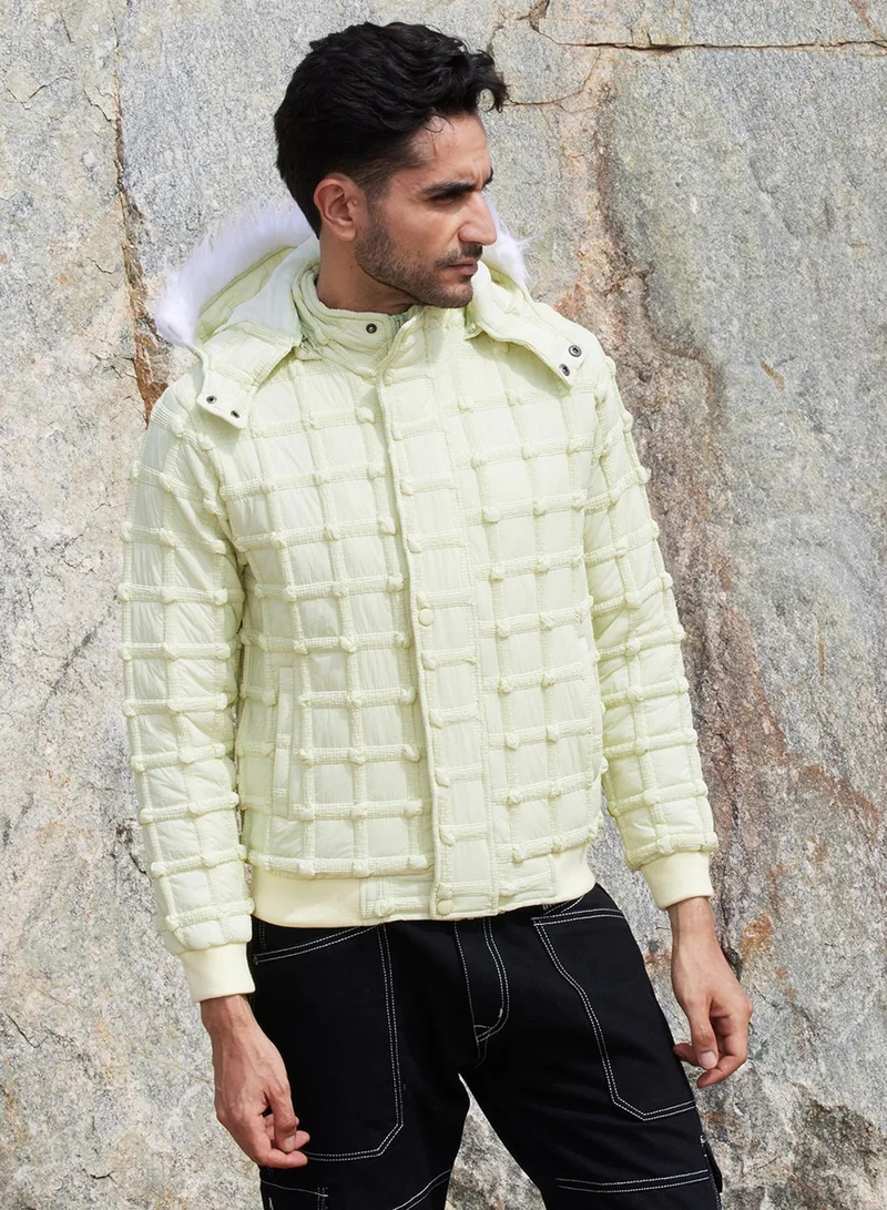 كامبوس سوترا جاكيت رجالي منتفخ بتصميم ذاتي أصفر فاتح بغطاء رأس من الصوف