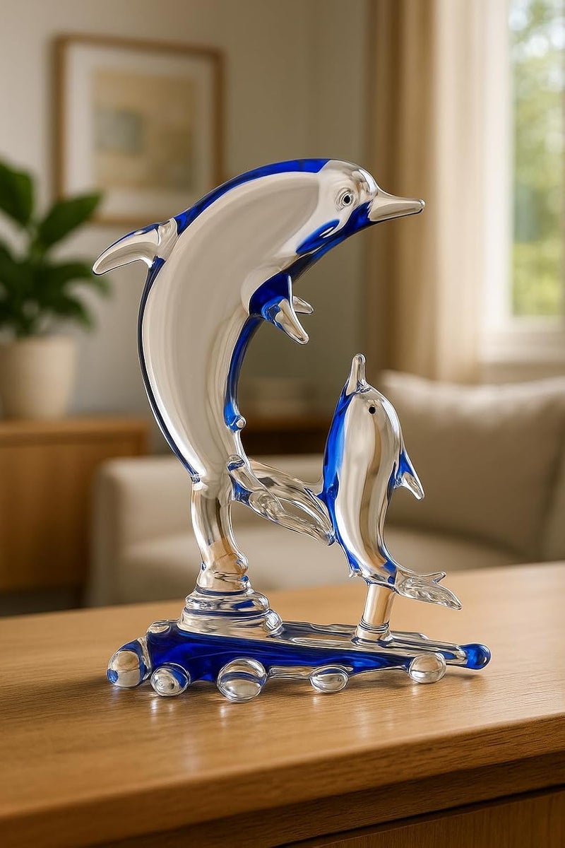 Somil Handmade Crystal Water Dolphin Playing with Her Baby Showpiece (Multicolour) Pack of 1 - Image 1
