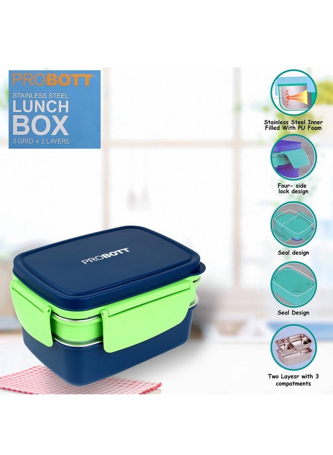 PROBOTT Double Decker 1300 ml Stainless Steel Lunch Box for Kids Women Office Use, 2 Layers with 3 Grid, 1 Spoon Tiffin Box, PP Material Lid Perfect for School, College, Travel, Picnic | Blue - Image 2