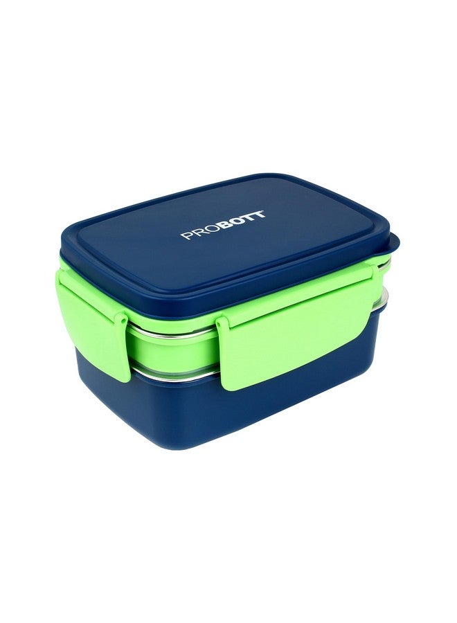 PROBOTT Double Decker 1300 ml Stainless Steel Lunch Box for Kids Women Office Use, 2 Layers with 3 Grid, 1 Spoon Tiffin Box, PP Material Lid Perfect for School, College, Travel, Picnic | Blue - Image 5