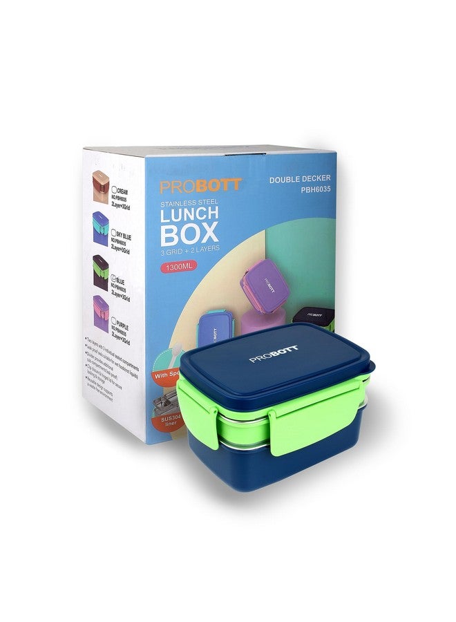 PROBOTT Double Decker 1300 ml Stainless Steel Lunch Box for Kids Women Office Use, 2 Layers with 3 Grid, 1 Spoon Tiffin Box, PP Material Lid Perfect for School, College, Travel, Picnic | Blue - Image 1