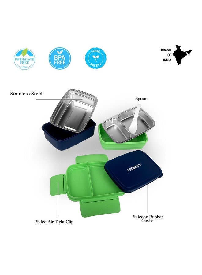 PROBOTT Double Decker 1300 ml Stainless Steel Lunch Box for Kids Women Office Use, 2 Layers with 3 Grid, 1 Spoon Tiffin Box, PP Material Lid Perfect for School, College, Travel, Picnic | Blue - Image 3