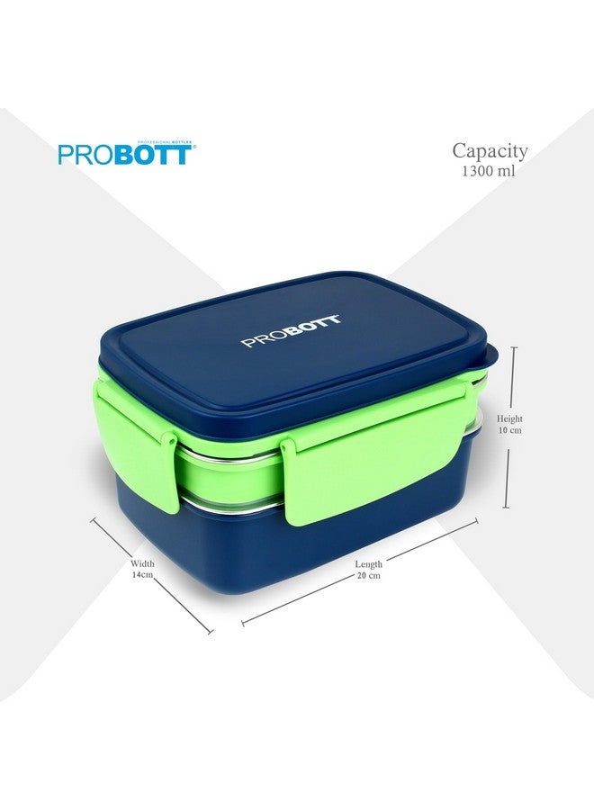 PROBOTT Double Decker 1300 ml Stainless Steel Lunch Box for Kids Women Office Use, 2 Layers with 3 Grid, 1 Spoon Tiffin Box, PP Material Lid Perfect for School, College, Travel, Picnic | Blue - Image 4