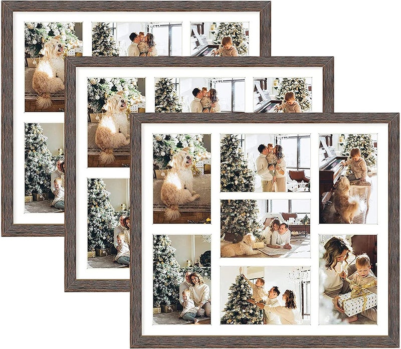 Golden State Art Set of 3 137x157 Distressed Brown Wood Collage Frame White Mat Displays Seven 4x6 Photos Real Glass Sawtooth Hanger Swivel Tabs Wall Mounting Landscape Portrait