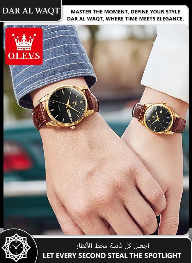 أوليفز طقم ساعات للعشاق من OLEVS – كوارتز مقاوم للماء مع إضاءة ليلية، جلد بني، وجه أسود (زوجان) - Image 3