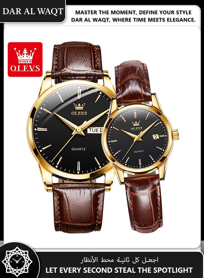 أوليفز طقم ساعات للعشاق من OLEVS – كوارتز مقاوم للماء مع إضاءة ليلية، جلد بني، وجه أسود (زوجان) - Image 1