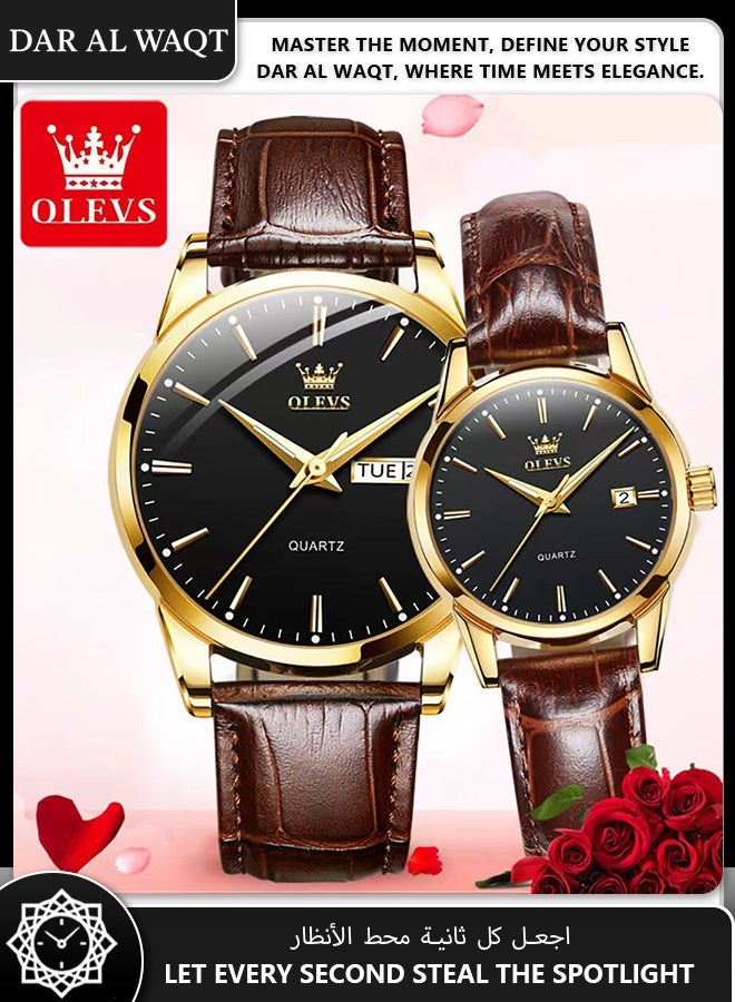 أوليفز طقم ساعات للعشاق من OLEVS – كوارتز مقاوم للماء مع إضاءة ليلية، جلد بني، وجه أسود (زوجان) - Image 2