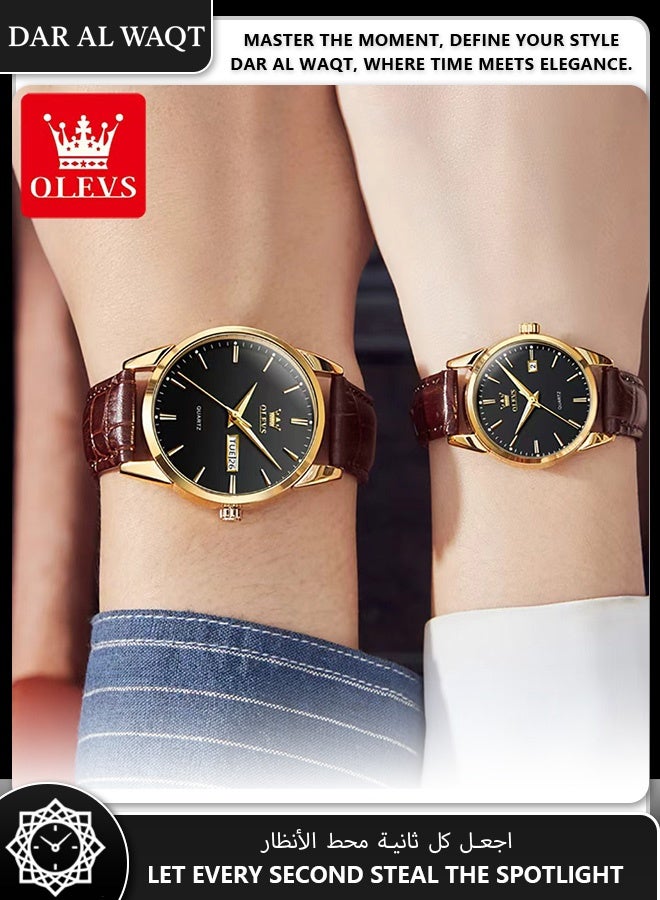 أوليفز طقم ساعات للعشاق من OLEVS – كوارتز مقاوم للماء مع إضاءة ليلية، جلد بني، وجه أسود (زوجان) - Image 4