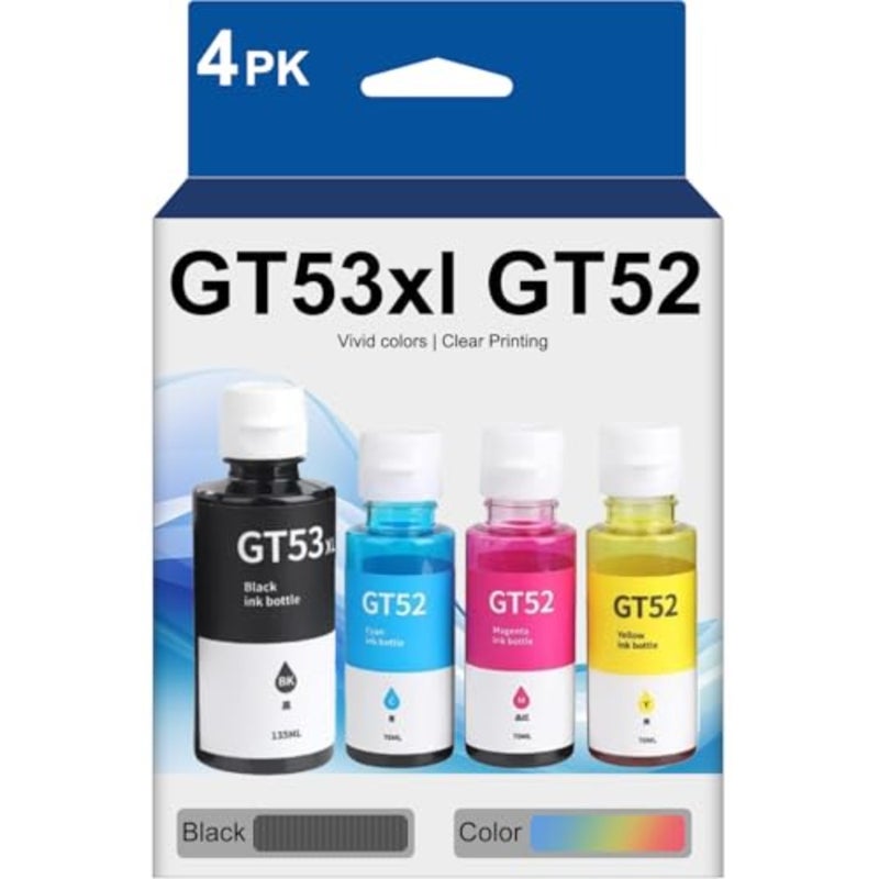 HP DeskJet GT 419/410/319 GT 5822/5820/5810 printer bottle ink replacement: plastic, black/cyan/magenta/yellow, high-capacity refillable - Image 1
