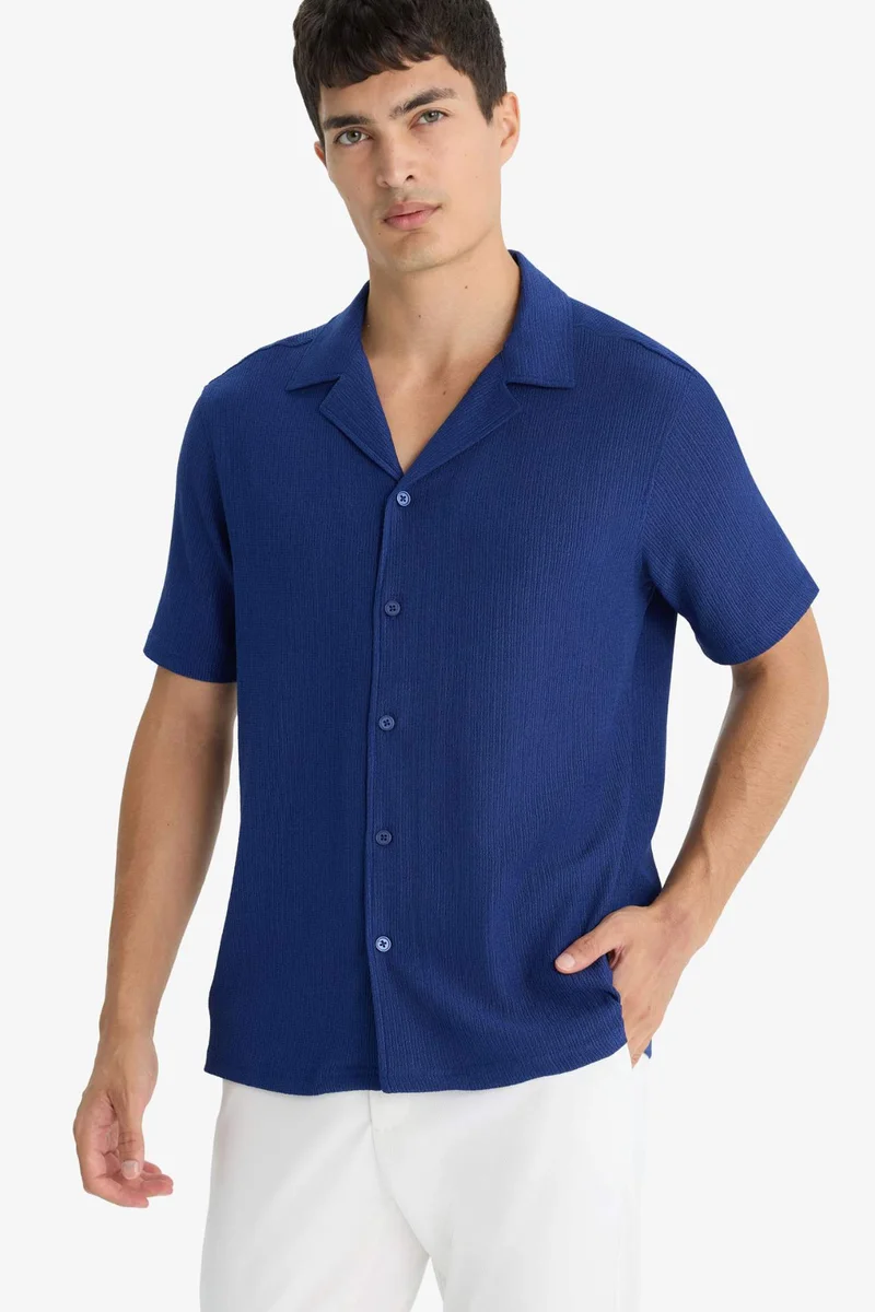 ديفاكتو Modern Fit Polo Neck Short Sleeve Cotton Shirt