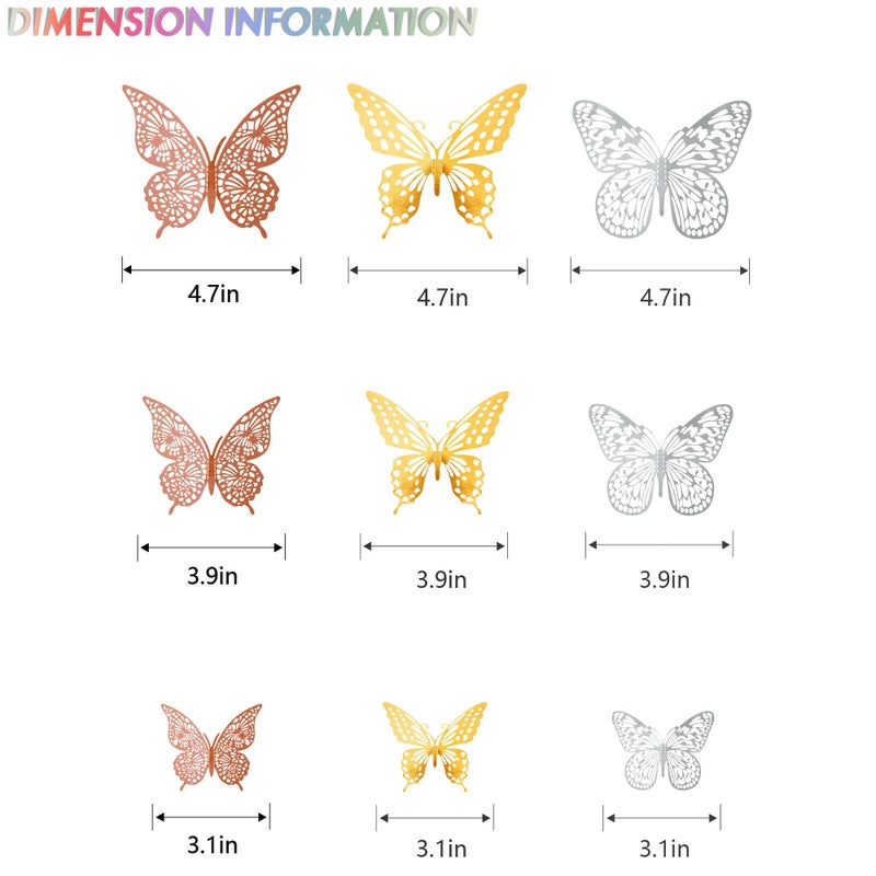 SAOROPEB 3D Butterfly Wall Decor, 72 Pcs 3 Styles 3 Sizes, Removable Metallic Wall Decor Sticker Room Mural Decals for Kids Bedroom Nursery Classroom Party Decoration Wedding Decor DIY Gift (3 Color) - Image 5