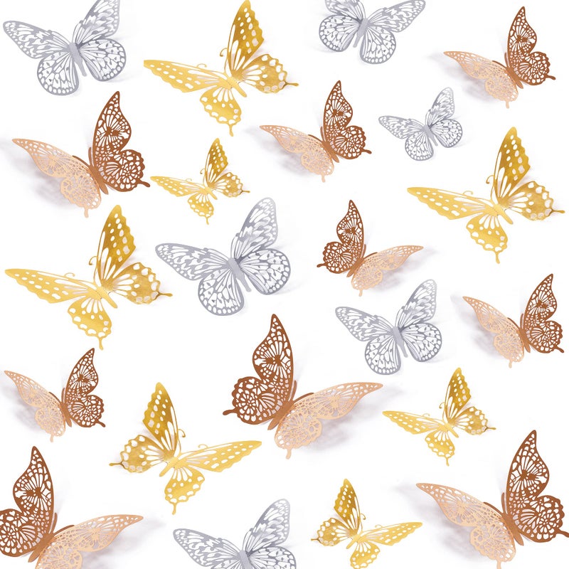 SAOROPEB 3D Butterfly Wall Decor, 72 Pcs 3 Styles 3 Sizes, Removable Metallic Wall Decor Sticker Room Mural Decals for Kids Bedroom Nursery Classroom Party Decoration Wedding Decor DIY Gift (3 Color) - Image 1