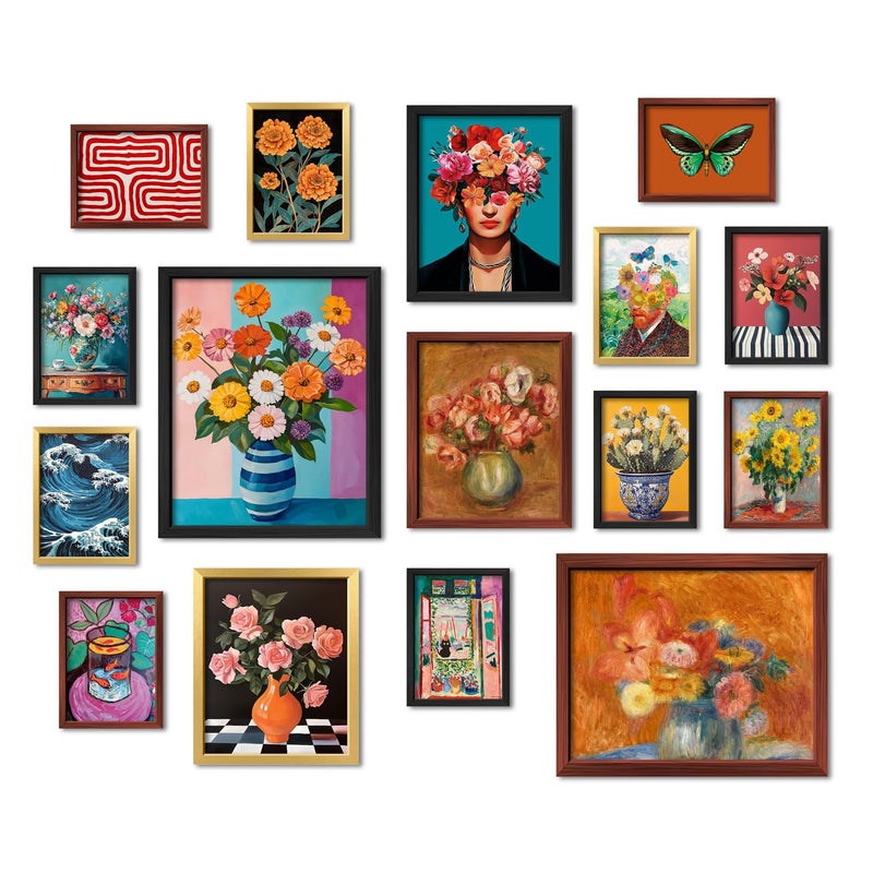 ANERZA 16 PCS Framed Eclectic Wall Art Decor, Mid Century Modern Maximalist Home Gallery Wall Frame Set Prints for Bedroom Bathroom, Colorful Posters for Living Room Aesthetic, Floral Artwork Collage Kit - Image 1
