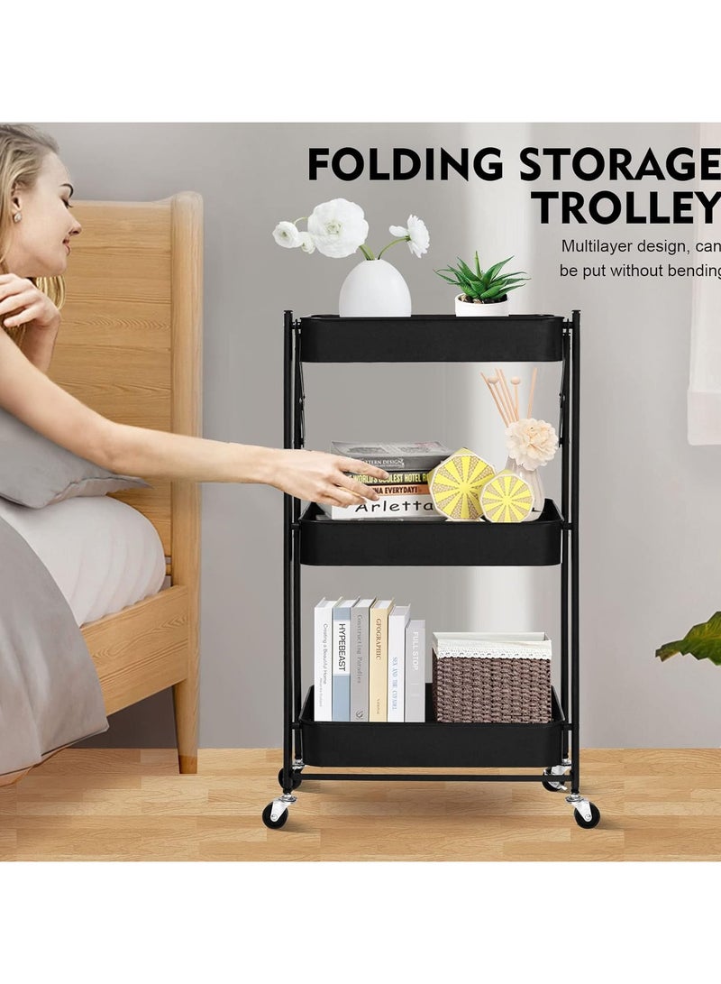 POWER FURNITURE 3 Tier Foldable Metal Rolling Utility Cart Black - Image 3