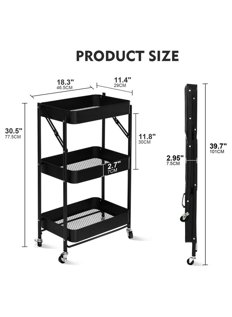 POWER FURNITURE 3 Tier Foldable Metal Rolling Utility Cart Black - Image 2
