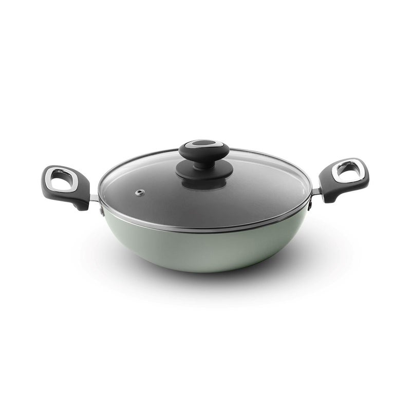 VAYA Hautechef Non-Stick Kadai with Glass Lid 16cm, 3-Layer ILAG Swiss Coating, PFOA-Free, Induction Friendly, with Soft-Touch Grey Handle, Color - Winter Mint - Image 1