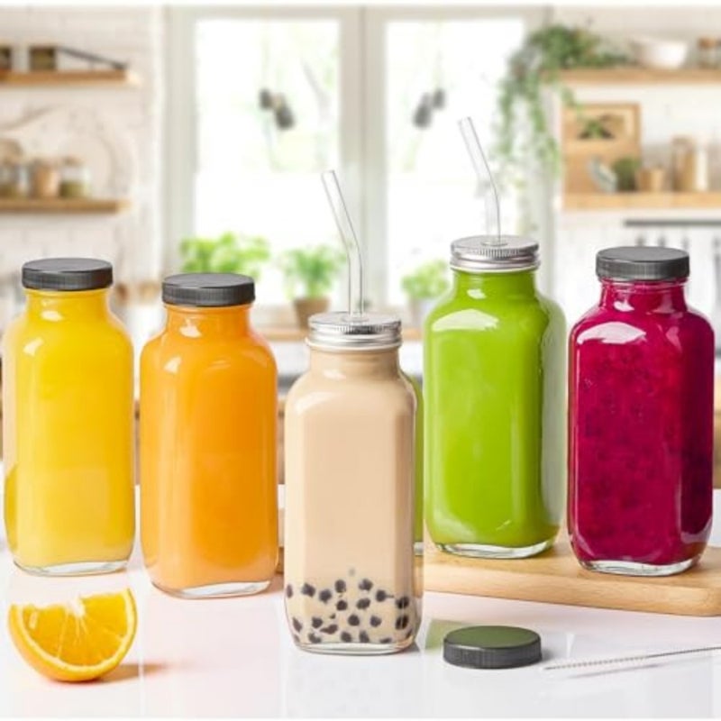 Winsoya Glass Juice Bottle with Lid, Reusable Juice Containers, Water Cups with Straw, Spout Lids for Juice, Smoothie, Coffee, Milk - 480ml - 8pcs - Image 5