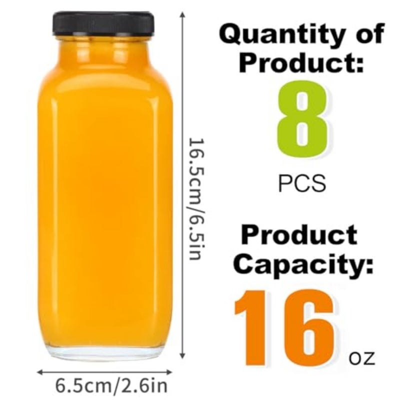 Winsoya Glass Juice Bottle with Lid, Reusable Juice Containers, Water Cups with Straw, Spout Lids for Juice, Smoothie, Coffee, Milk - 480ml - 8pcs - Image 2