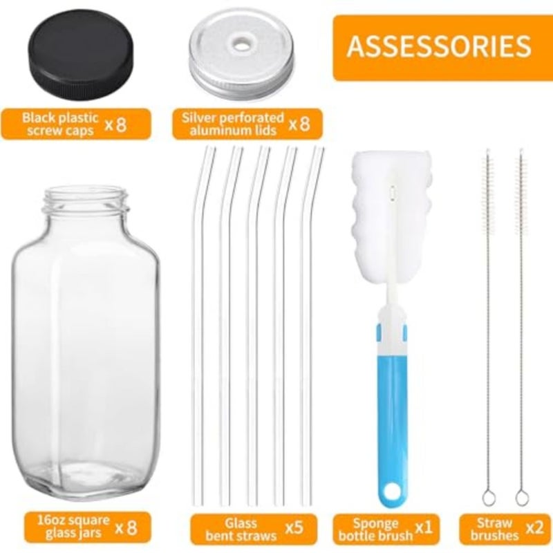Winsoya Glass Juice Bottle with Lid, Reusable Juice Containers, Water Cups with Straw, Spout Lids for Juice, Smoothie, Coffee, Milk - 480ml - 8pcs - Image 3