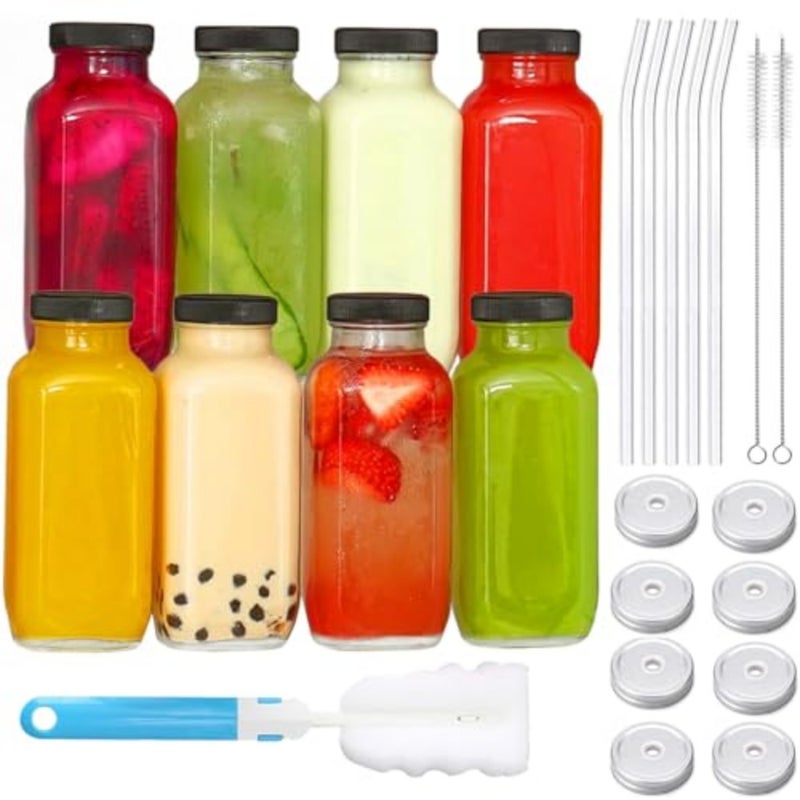 Winsoya Glass Juice Bottle with Lid, Reusable Juice Containers, Water Cups with Straw, Spout Lids for Juice, Smoothie, Coffee, Milk - 480ml - 8pcs - Image 1