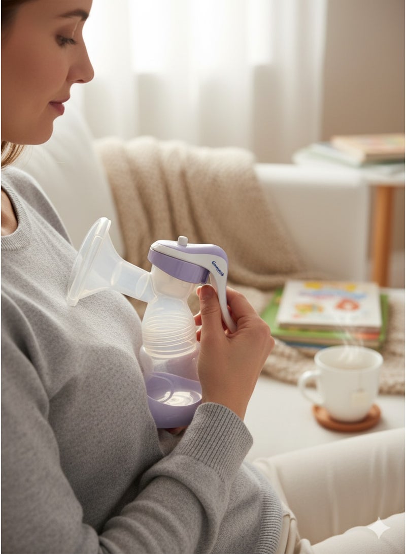  جرانزيا Granzia Manual Breast Pump – مضخة ثدي يدوية مريحة وآمنة مع وسادة سيليكون ناعمة، نظام مانع للارتجاع وزجاجة 120 مل لراحة الأم وتغذية صحية للطفل. - Image 2