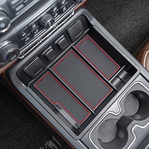 JKCOVER Center Console Organizer Compatible with Chevy Silverado/GMC Sierra 2014 2015 2016 2017 2018 1500/2500/3500HD Accessories Console Compartment Storage Tray -Bucket Seats ONLY (Red Trim) - Image 3