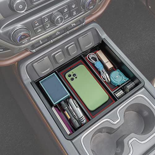 JKCOVER Center Console Organizer Compatible with Chevy Silverado/GMC Sierra 2014 2015 2016 2017 2018 1500/2500/3500HD Accessories Console Compartment Storage Tray -Bucket Seats ONLY (Red Trim) - Image 1