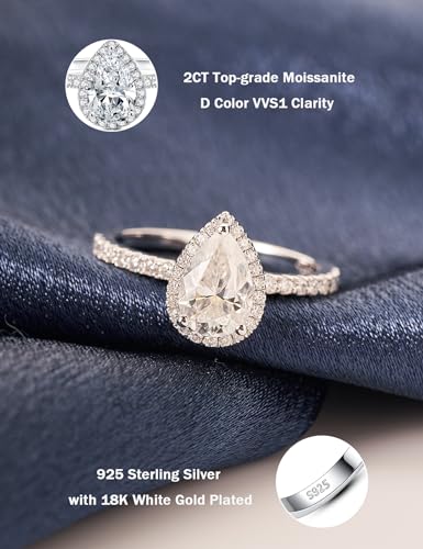 IMOLOVE Pear Shaped Engagement Ring, Moissanite Rings for Women, Promise Rings for Her 2CT D Color VVS1 Clarity Teardrop Halo Engagement Ring 925 Sterling Silver with 18K Gold Plated Size 11 - Image 2