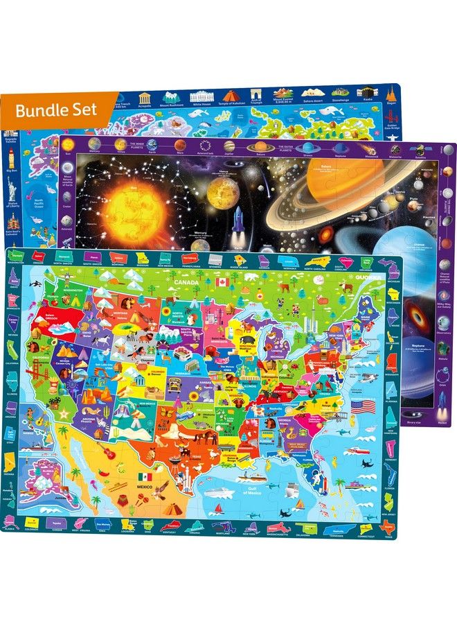 quokka 100 Piece Puzzles Games For Kids Ages 48 3 Pack Floor Puzzles For Kids 810 Year Old By Quokka World Usa Map & Space Educational Toys 57 United States Learning For Boys & Girls 35 - Image 1