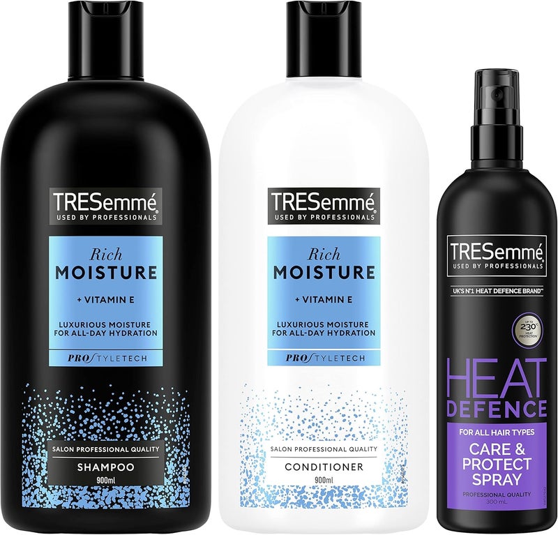TRESemme Rich Moisture Shampoo Conditioner Heat Defence Spray Care Styling Regime Bundle 3 Piece
