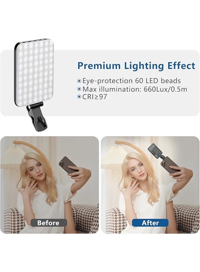 إضاءة محمولة 60 LED للصور والفيديو مع مشبك ومحول لحامل ثلاثي – قابلة للشحن 2200mAh، CRI 97+، 3 أوضاع إضاءة للهواتف، الحواسيب، المكياج - Image 3