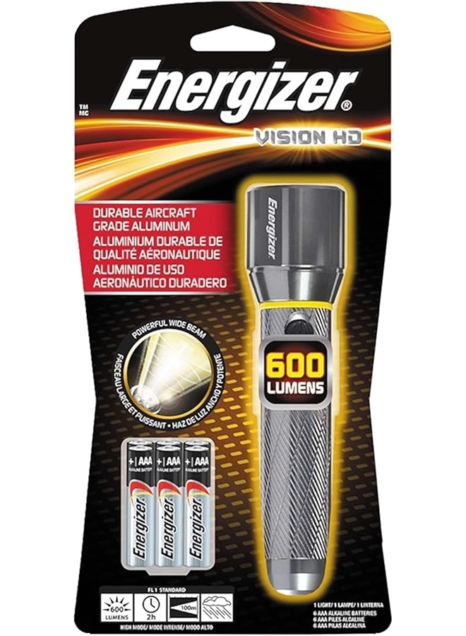 Energizer LED Metal Flashlight 600 Lumens Bright LED Durable Aircraft Grade Metal Body IPX4 Water Resistant 3 Modes Silver Model:ENPMHH62