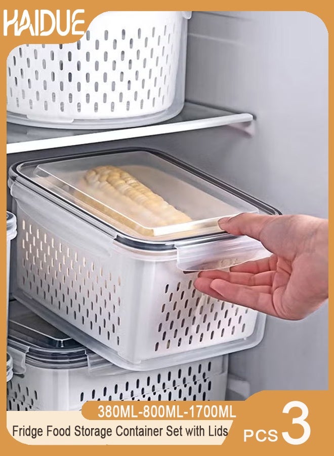 Haidue 3PCS Fridge Food Storage Container Set with Lids（380ML-800ML-1700ML）, Plastic Fresh Produce Saver Vegetable Fruit Meat Storage Organization, BPA Free Kitchen Refrigerator Organizers Bins - Image 1