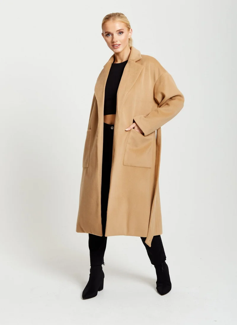 Liquorish Belted Longline Coat in Camel