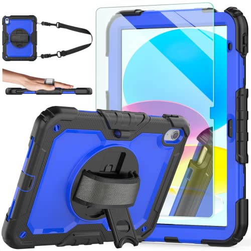 Ambison Case for iPad (A16) 11th/10th Generation 11''/10.9'' 2025/2022, [Kid Proof] Full Body Protective Case with 9H Tempered Glass Screen Protector, 360° Rotatable Kickstand & Hand Strap (Blue) - Image 1