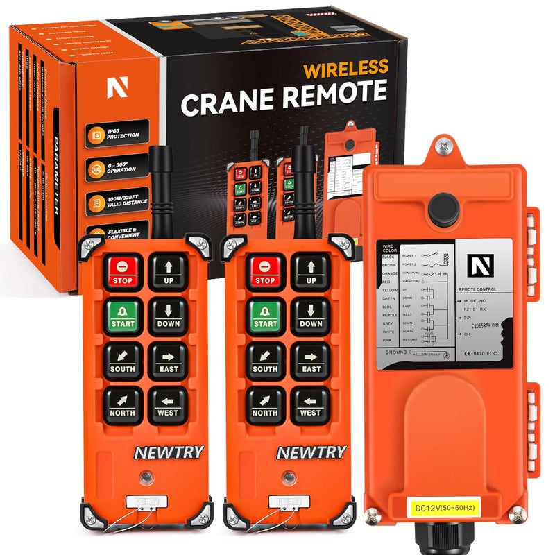 NEWTRY Wireless Crane Remote Control 8 Buttons 12V 2 Transmitters Industrial Channel Electric Lift Hoist Wireless Switch Receiver 2 Transmitters DC 12V Receiver